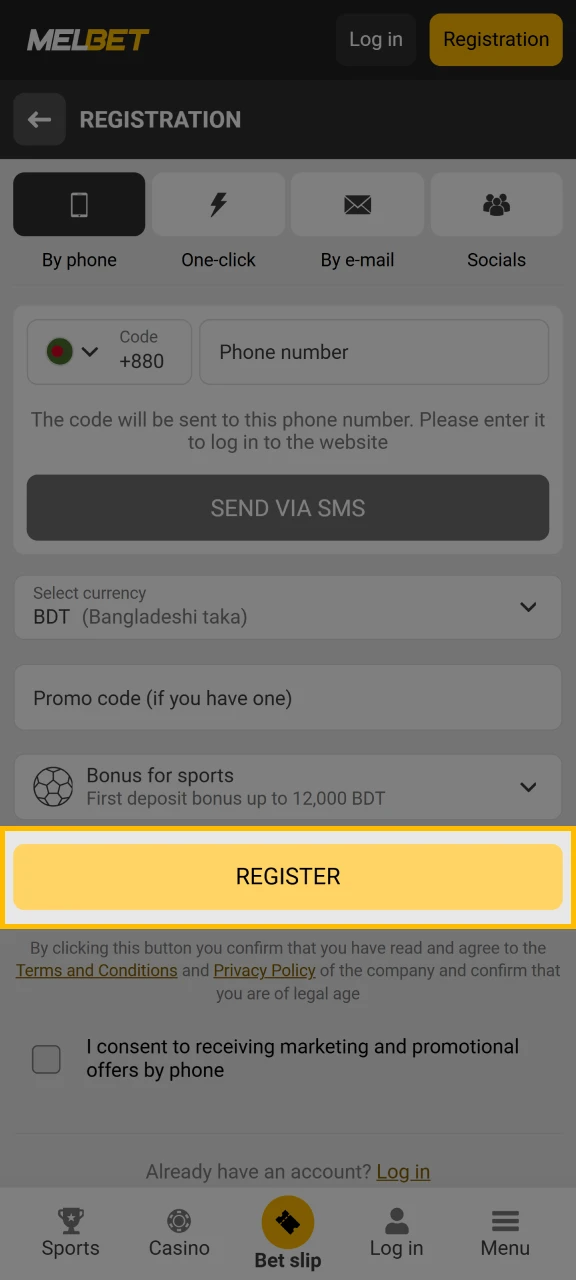 Melbet ওয়েবসাইটে আপনার নিবন্ধন সম্পূর্ণ করতে নিবন্ধন করুন ক্লিক করুন।