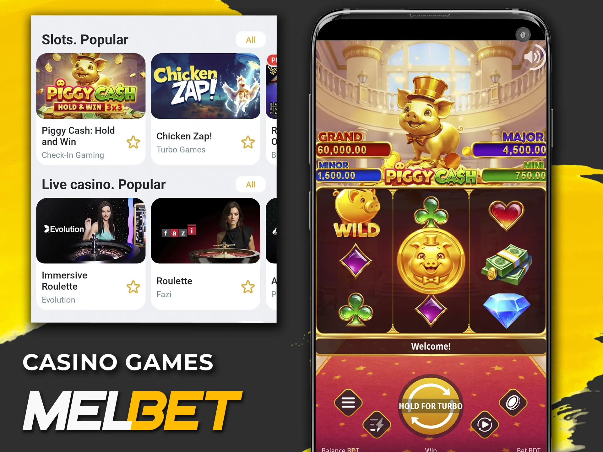 Play casino games directly in the Melbet app.