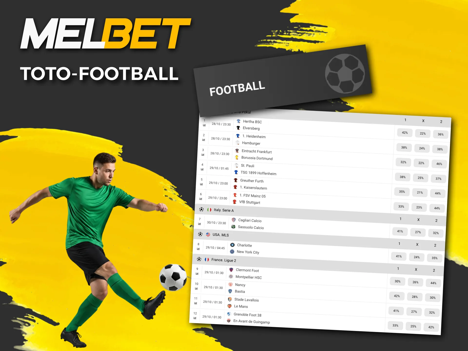 In Football TOTO on the Melbet website, you can bet either on winning the first or second team, or on a draw between them.