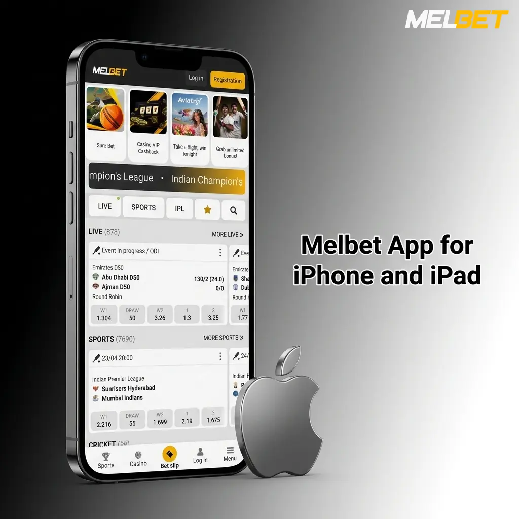 Melbet app interface on iPhone and iPad for mobile betting