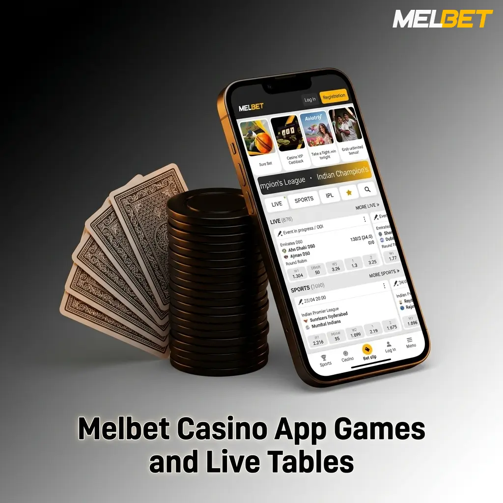 Melbet Casino app showing games and live dealer tables on a mobile screen